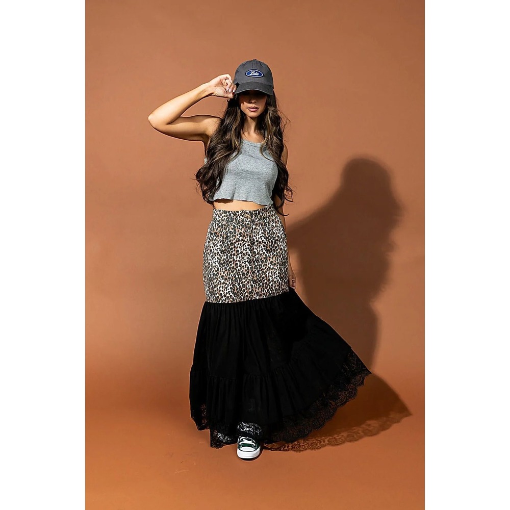 NWT Dressed in LALA Cause a Riot Leopard & Lace Maxi Skirt Mixed Media Medium - Picture 2 of 10